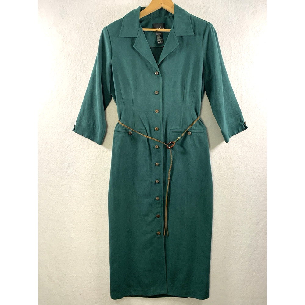 VTG Womens Faux Suede Button Belted Midi Dress Sz M Boho Western Office